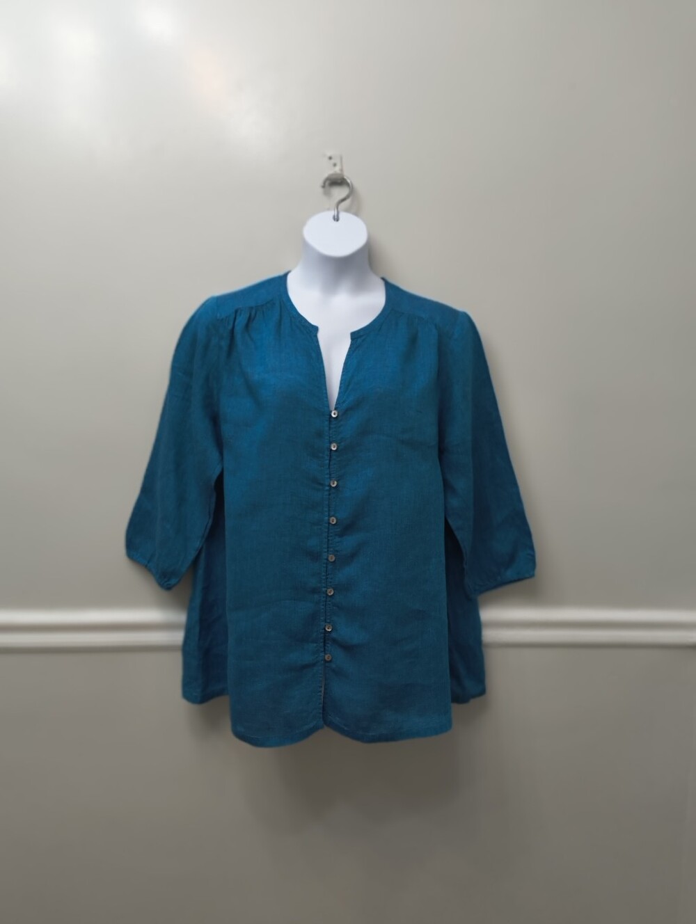 Pure Jill 100% Linen Button Front Tunic Blouse Teal XL Summer Minimalist Casual